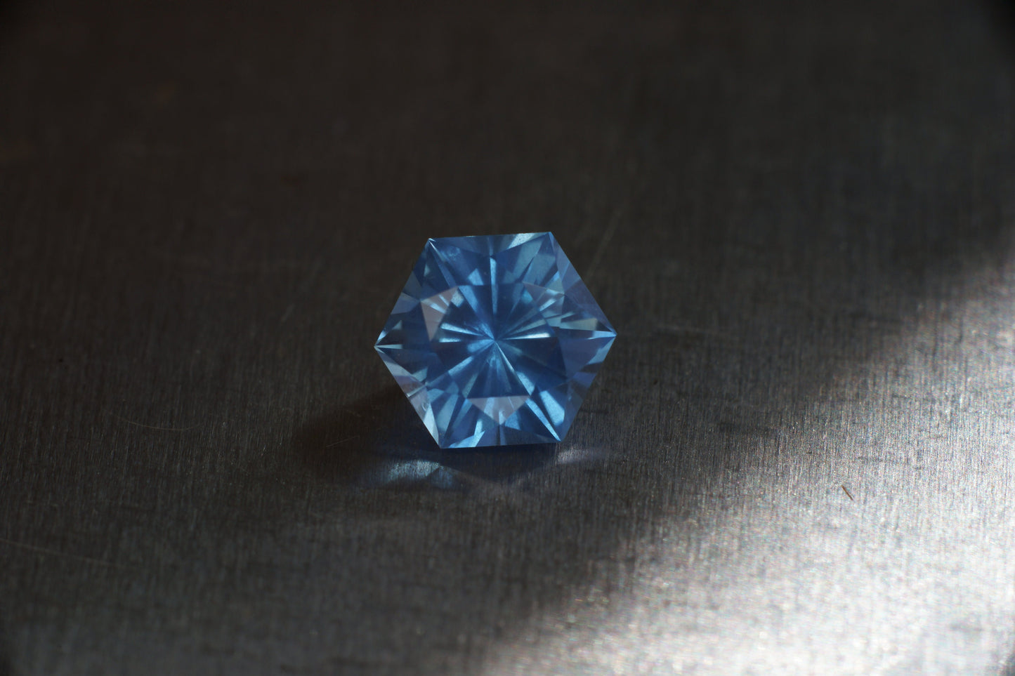 Made to order! Lab sapphire in bright Windex color. Light blue synthetic with opalescent cloudy inclusions. Hexagon cut 6-10 mm flat to flat