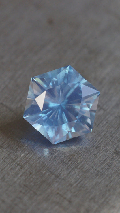 Made to order! Lab sapphire in bright Windex color. Light blue synthetic with opalescent cloudy inclusions. Hexagon cut 6-10 mm flat to flat