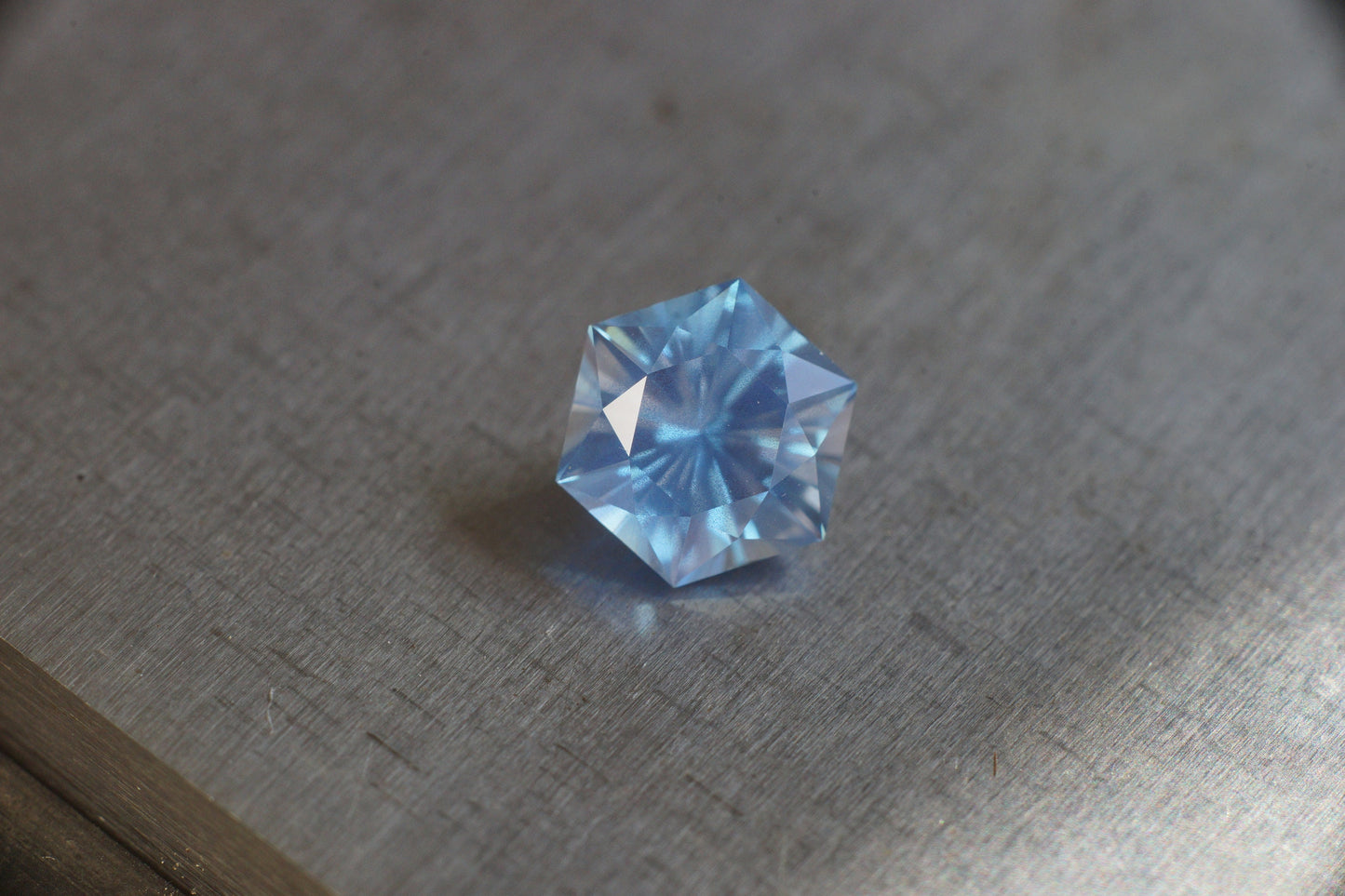 Made to order! Lab sapphire in bright Windex color. Light blue synthetic with opalescent cloudy inclusions. Hexagon cut 6-10 mm flat to flat
