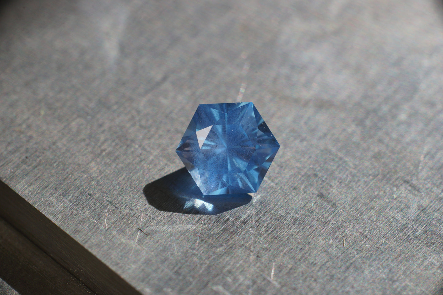 Made to order! Lab sapphire in bright Windex color. Light blue synthetic with opalescent cloudy inclusions. Hexagon cut 6-10 mm flat to flat