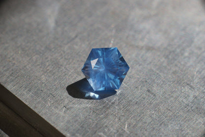 Made to order! Lab sapphire in bright Windex color. Light blue synthetic with opalescent cloudy inclusions. Hexagon cut 6-10 mm flat to flat